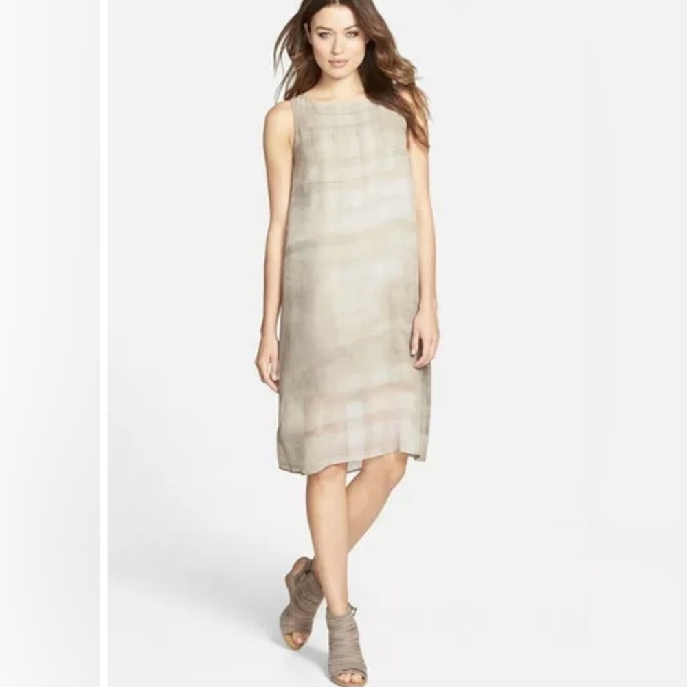 ⚜️ 100% Silk EILEEN FISHER Georgette Dress Sz S beige EUC